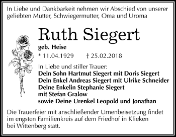 Traueranzeige von Ruth Siegert von Mitteldeutsche Zeitung