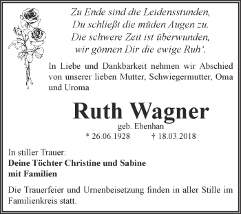 Traueranzeige von Ruth Wagner von WVG - Wochenspiegel Dessau / Köthen