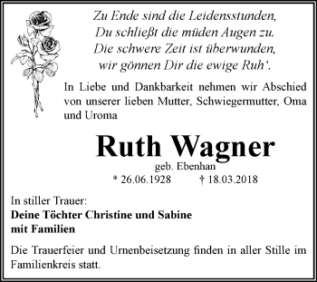 Traueranzeige von Ruth Wagner von Mitteldeutsche Zeitung Dessau-Roßlau
