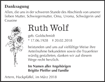 Traueranzeige von Ruth Wolf von Super Sonntag SGH Mansf. Land