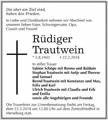Traueranzeige von Rüdiger Trautwein von WVG - Wochenspiegel Merseburg