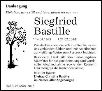 Traueranzeige von Siegfried Bastille von Mitteldeutsche Zeitung Halle/Saalkreis