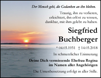 Traueranzeige von Siegfried Buchberger von WVG - Wochenspiegel Bitterfeld
