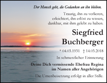 Traueranzeige von Siegfried Buchberger von Mitteldeutsche Zeitung Bitterfeld