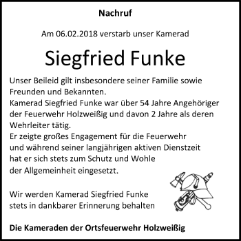 Traueranzeige von Siegfried Funke von WVG - Wochenspiegel Bitterfeld