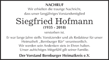 Traueranzeige von Siegfried Hofmann von Super Sonntag Bernburg