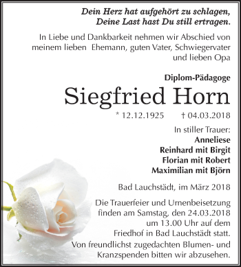 Traueranzeige von Siegfried Horn von Mitteldeutsche Zeitung Merseburg/Querfurt