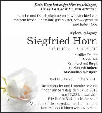 Traueranzeige von Siegfried Horn von WVG - Wochenspiegel Merseburg