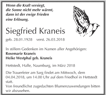 Traueranzeige von Siegfried Kraneis von Super Sonntag SGH Mansf. Land