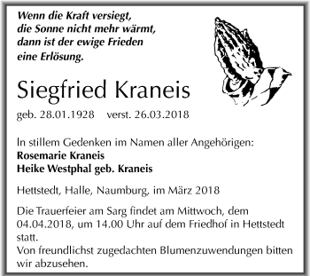 Traueranzeige von Siegfried Kraneis von Mitteldeutsche Zeitung