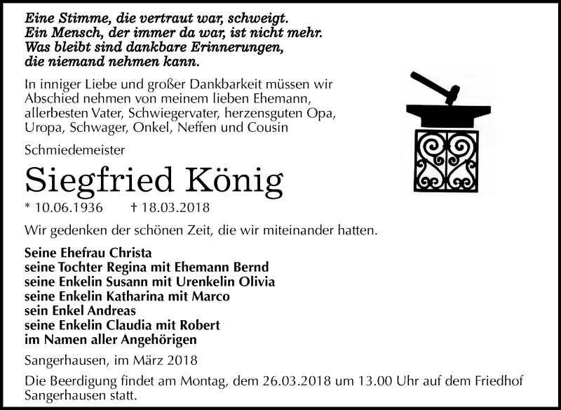  Traueranzeige für Siegfried König vom 22.03.2018 aus Mitteldeutsche Zeitung Sangerhausen