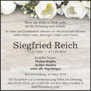Traueranzeige von Siegfried Reich von Super Sonntag Merseburg