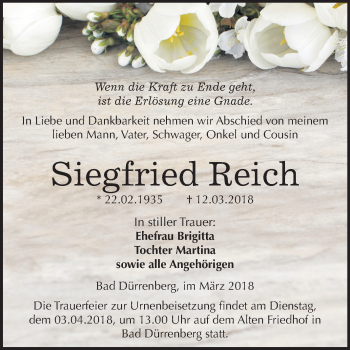 Traueranzeige von Siegfried Reich von Mitteldeutsche Zeitung Merseburg/Querfurt