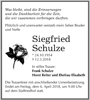 Traueranzeige von Siegfried Schulze von Mitteldeutsche Zeitung Halle/Saalkreis