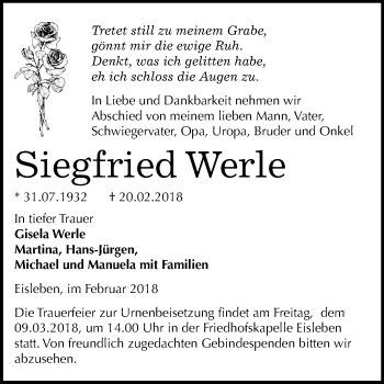 Traueranzeige von Siegfried Werle von Mitteldeutsche Zeitung