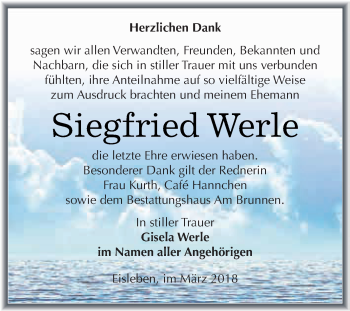 Traueranzeige von Siegfried Werle von Wochenspiegel Mansfelder Land