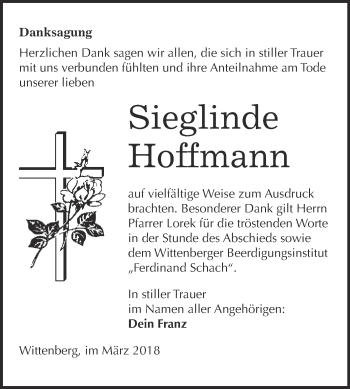 Traueranzeige von Sieglinde Hoffmann von WVG - Wochenspiegel Wittenberg