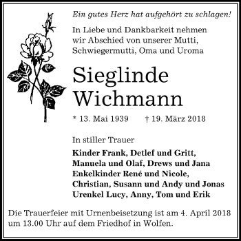 Traueranzeige von Sieglinde Wichmann von WVG - Wochenspiegel Bitterfeld
