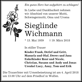 Traueranzeige von Sieglinde Wichmann von Mitteldeutsche Zeitung Bitterfeld