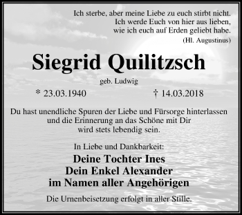 Traueranzeige von Siegrid Quilitzsch von Mitteldeutsche Zeitung Dessau-Roßlau