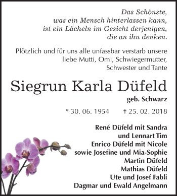Traueranzeige von Siegrun Karla Düfeld von Mitteldeutsche Zeitung Halle/Saalkreis