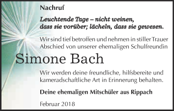 Traueranzeige von Simone Bach von WVG - Wochenspiegel NMB / WSF / ZTZ
