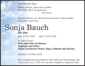Traueranzeige von Sonja Bauch von Mitteldeutsche Zeitung Merseburg/Querfurt
