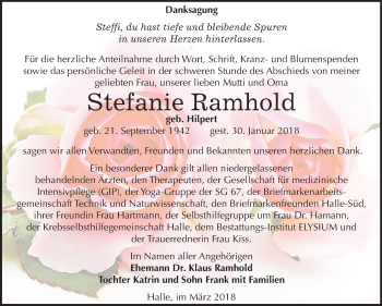 Traueranzeige von Stefanie Ramhold von Mitteldeutsche Zeitung Halle/Saalkreis