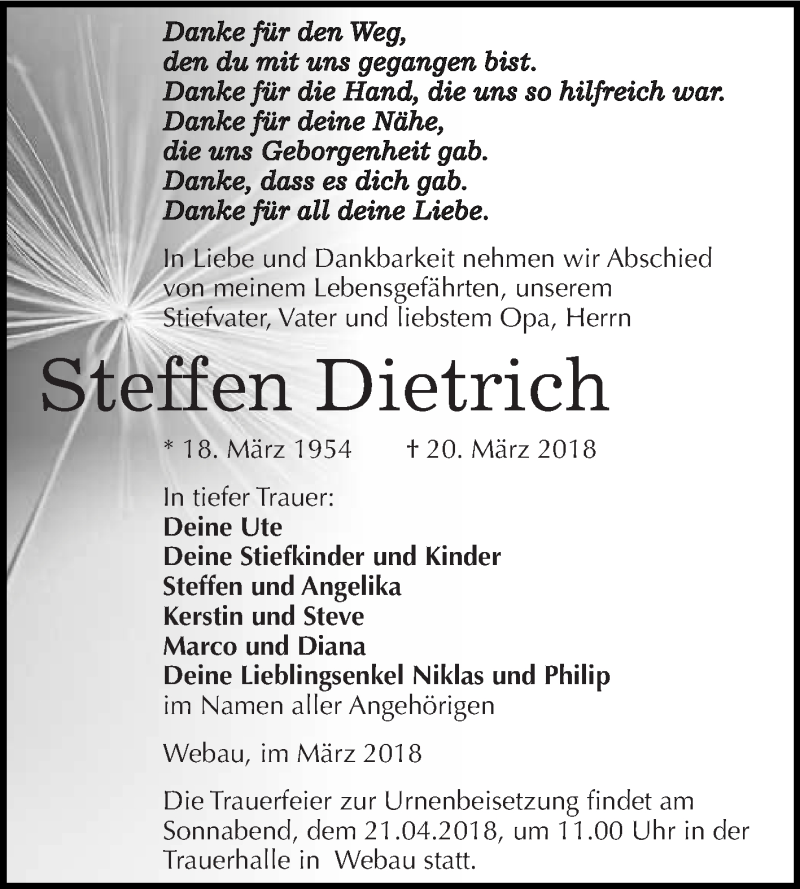  Traueranzeige für Steffen Dietrich vom 28.03.2018 aus WVG - Wochenspiegel NMB / WSF / ZTZ