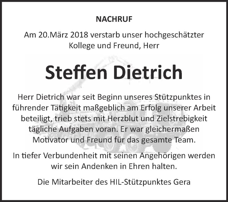  Traueranzeige für Steffen Dietrich vom 28.03.2018 aus WVG - Wochenspiegel NMB / WSF / ZTZ
