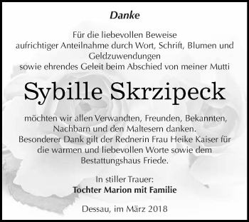 Traueranzeige von Sybille Skrzipeck von WVG - Wochenspiegel Dessau / Köthen