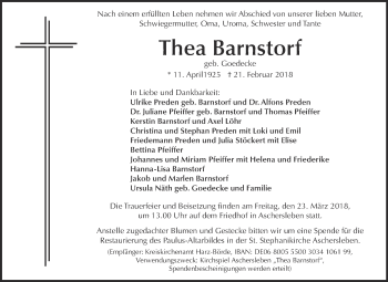 Traueranzeige von Thea Barnstorf von Super Sonntag Aschersleben