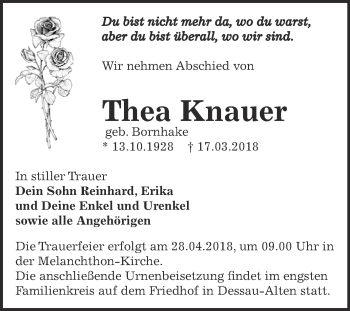 Traueranzeige von Thea Knauer von WVG - Wochenspiegel Dessau / Köthen
