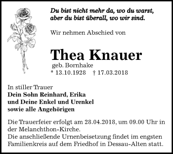 Traueranzeige von Thea Knauer von Mitteldeutsche Zeitung Dessau-Roßlau