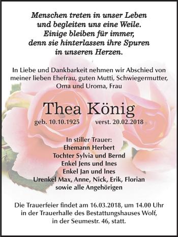 Traueranzeige von Thea König von Mitteldeutsche Zeitung Weißenfels