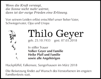 Traueranzeige von Thilo Geyer von Super Sonntag SGH Mansf. Land
