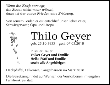 Traueranzeige von Thilo Geyer von Mitteldeutsche Zeitung Sangerhausen