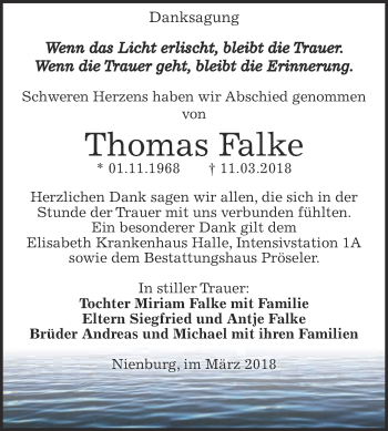 Traueranzeige von Thomas Falke von Super Sonntag Bernburg