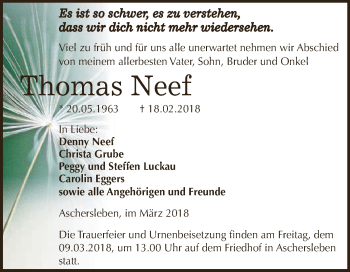 Traueranzeige von Thomas Neef von Super Sonntag Aschersleben