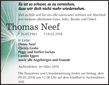 Traueranzeige von Thomas Neef von Mitteldeutsche Zeitung Aschersleben