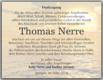 Traueranzeige von Thomas Nerre von Super Sonntag Merseburg
