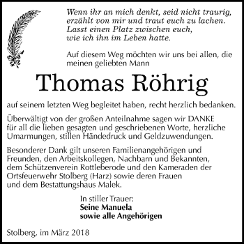 Traueranzeige von Thomas Röhrig von Mitteldeutsche Zeitung Sangerhausen