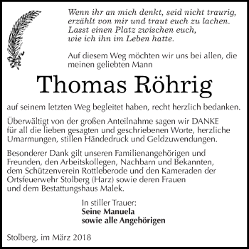 Traueranzeige von Thomas Röhrig von WVG - Wochenspiegel SGH