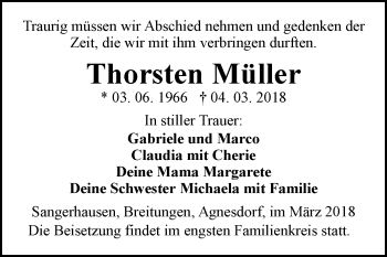 Traueranzeige von Thorsten Müller von Mitteldeutsche Zeitung Sangerhausen