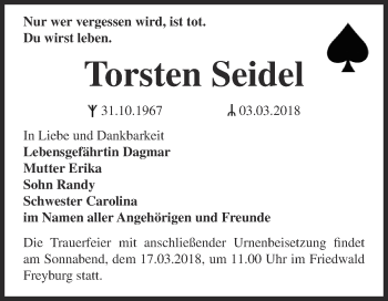 Traueranzeige von Torsten Seidel von WVG - Wochenspiegel NMB / WSF / ZTZ
