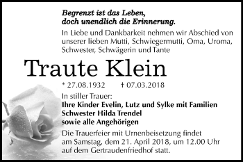 Traueranzeige von Traute Klein von Mitteldeutsche Zeitung Halle/Saalkreis