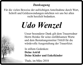 Traueranzeige von Udo Wenzel von Super Sonntag Quedlinburg