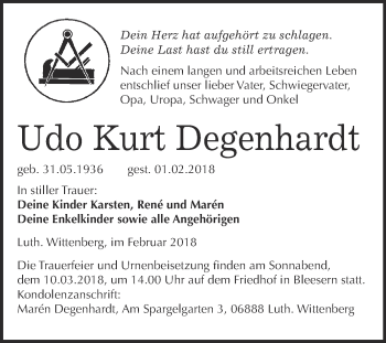 Traueranzeige von Udo Kurt Degenhardt von WVG - Wochenspiegel Wittenberg