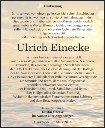 Traueranzeige von Ulrich Einecke von WVG - Wochenspiegel Quedlinburg