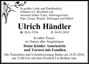 Traueranzeige von Ulrich Händler von Mitteldeutsche Zeitung Dessau-Roßlau